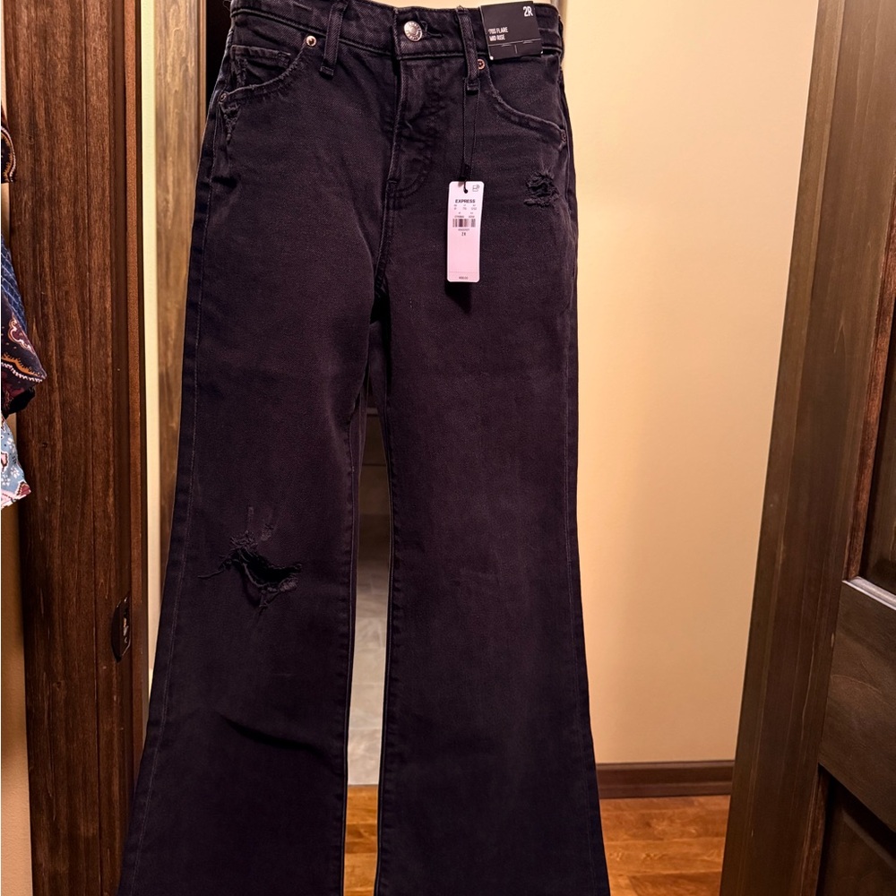 Express Dark Flare Jeans with Distressed Details